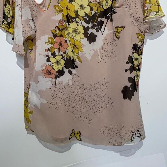 Guess Women's Multicolor Floral Cold Shoulder Sheer Sleeve V-Neck Blouse Medium - Picture 7 of 7